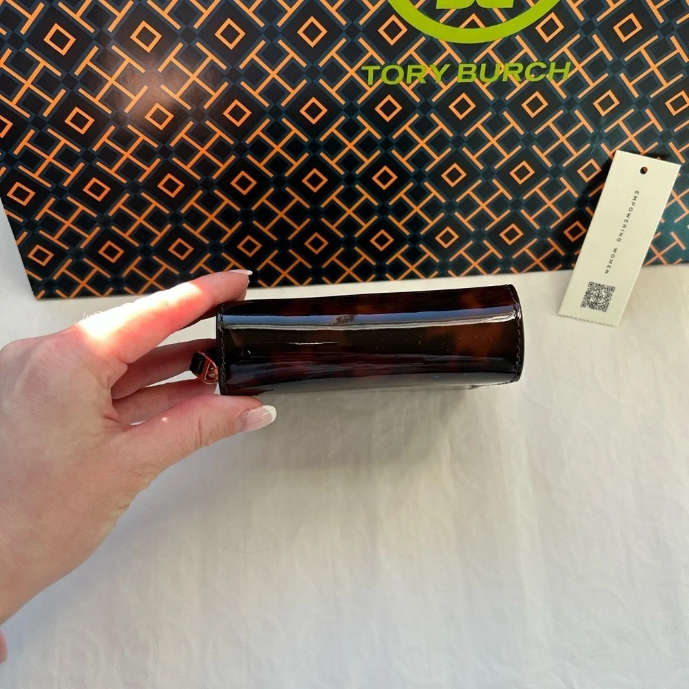 Tory Burch Emerson Tortoise Patent Mini Wallet Gold Brown Tan Neutral